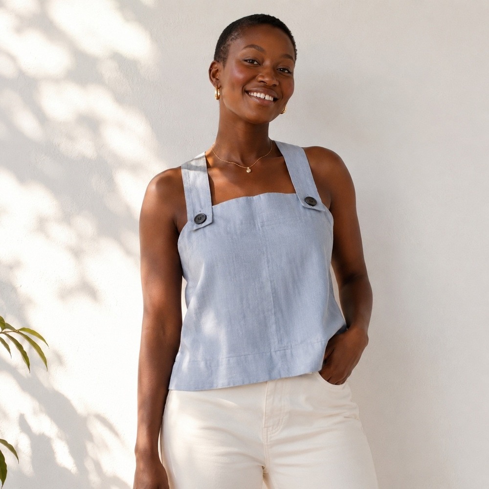 Everlane Linen Apron Tank Top Blue Gray Square Neck Crossover Back Size 00